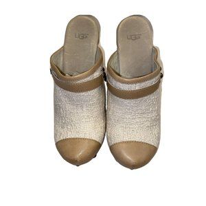 UGG CREAM/TAN JOLENE TEXTILE/LEATHER CLOGS WEDGES MULES SHOES SANDALS Women's 7